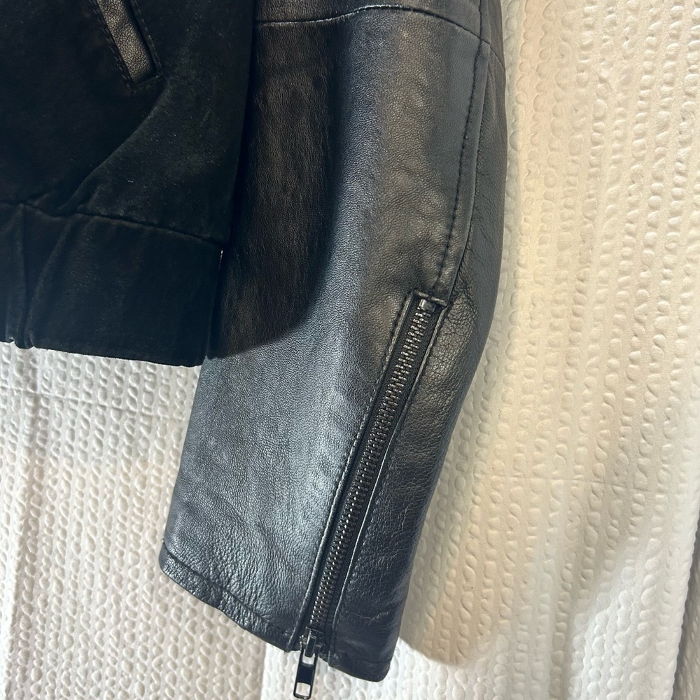 Mango Miranda Black Leather Moto Bomber Jacket Cropped Zip Up Women’s Size S - Picture 8 of 16